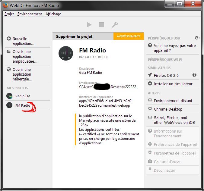 FM Radio - ajouter l'application via WebIDE de Firefox